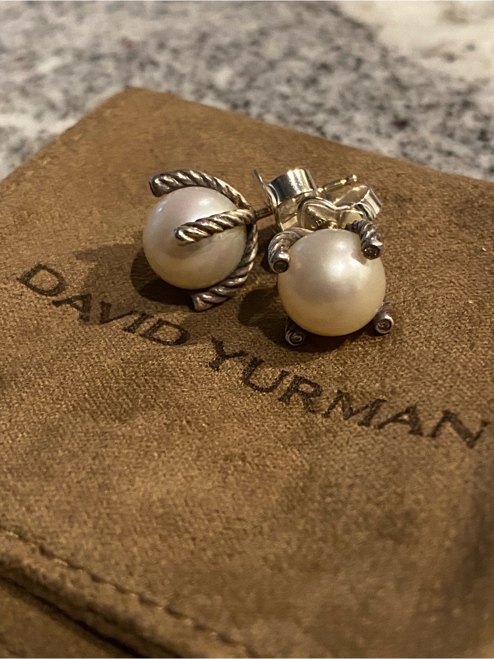 David Yurman Large White Pearl & Diamonds Cable Stud Earrings 14MM